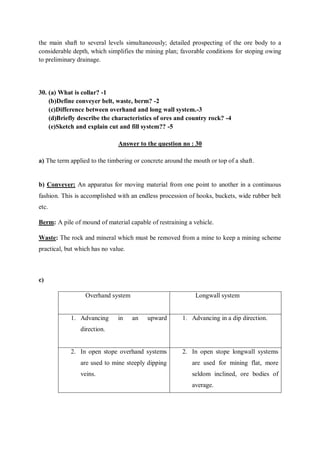 the main shaft to several levels simultaneously; detailed prospecting of the ore body to a
considerable depth, which simplifies the mining plan; favorable conditions for stoping owing
to preliminary drainage.
30. (a) What is collar? -1
(b)Define conveyer belt, waste, berm? -2
(c)Difference between overhand and long wall system.-3
(d)Briefly describe the characteristics of ores and country rock? -4
(e)Sketch and explain cut and fill system?? -5
Answer to the question no : 30
a) The term applied to the timbering or concrete around the mouth or top of a shaft.
b) Conveyer: An apparatus for moving material from one point to another in a continuous
fashion. This is accomplished with an endless procession of hooks, buckets, wide rubber belt
etc.
Berm: A pile of mound of material capable of restraining a vehicle.
Waste: The rock and mineral which must be removed from a mine to keep a mining scheme
practical, but which has no value.
c)
Overhand system Longwall system
1. Advancing in an upward
direction.
1. Advancing in a dip direction.
2. In open stope overhand systems
are used to mine steeply dipping
veins.
2. In open stope longwall systems
are used for mining flat, more
seldom inclined, ore bodies of
average.
 