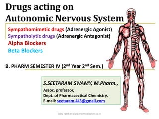 Drugs acting on
Autonomic Nervous System
copy right @ www.pharmawisdom.co.in
Sympathomimetic drugs (Adrenergic Agonist)
Sympatholytic drugs (Adrenergic Antagonist)
Alpha Blockers
Beta Blockers
B. PHARM SEMESTER IV (2nd Year 2nd Sem.)
S.SEETARAM SWAMY, M.Pharm.,
Assoc. professor,
Dept. of Pharmaceutical Chemistry,
E-mail: seetaram.443@gmail.com
 