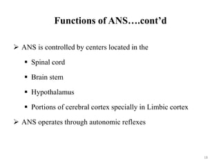 Functions of ANS….cont’d
 ANS is controlled by centers located in the
 Spinal cord
 Brain stem
 Hypothalamus
 Portions of cerebral cortex specially in Limbic cortex
 ANS operates through autonomic reflexes
18
 