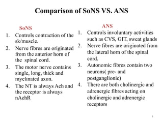 Comparison of SoNS VS. ANS
SoNS
1. Controls contraction of the
sk/muscle.
2. Nerve fibres are originated
from the anterior horn of
the spinal cord.
3. The motor nerve contains
single, long, thick and
myelinated axon.
4. The NT is always Ach and
the receptor is always
nAchR
ANS
1. Controls involuntary activities
such as CVS, GIT, sweat glands
2. Nerve fibres are originated from
the lateral horn of the spinal
cord.
3. Autonomic fibres contain two
neurons( pre- and
postganglionic)
4. There are both cholinergic and
adrenergic fibres acting on
cholinergic and adrenergic
receptors
8
 