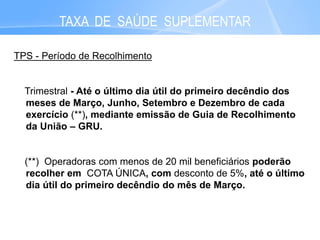 35
TAXA DE SAÚDE SUPLEMENTAR
TPS - Período de Recolhimento
Trimestral - Até o último dia útil do primeiro decêndio dos
meses de Março, Junho, Setembro e Dezembro de cada
exercício (**), mediante emissão de Guia de Recolhimento
da União – GRU.
(**) Operadoras com menos de 20 mil beneficiários poderão
recolher em COTA ÚNICA, com desconto de 5%, até o último
dia útil do primeiro decêndio do mês de Março.
 