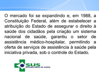 O mercado foi se expandindo e, em 1988, a
Constituição Federal, além de estabelecer a
atribuição do Estado de assegurar o direito à
saúde dos cidadãos pela criação um sistema
nacional de saúde, garantiu o setor de
assistência médico-hospitalar, permitindo a
oferta de serviços de assistência à saúde pela
iniciativa privada, sob o controle do Estado.
 