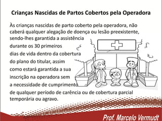 Crianças Nascidas de Partos Cobertos pela Operadora
Às crianças nascidas de parto coberto pela operadora, não
caberá qualquer alegação de doença ou lesão preexistente,
sendo-lhes garantida a assistência
durante os 30 primeiros
dias de vida dentro da cobertura
do plano do titular, assim
como estará garantida a sua
inscrição na operadora sem
a necessidade de cumprimento
de qualquer período de carência ou de cobertura parcial
temporária ou agravo.
 