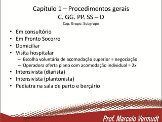 Capítulo 1 – Procedimentos gerais
C. GG. PP. SS – D
Cap. Grupo. Subgrupo
• Em consultório
• Em Pronto Socorro
• Domiciliar
• Visita hospitalar
– Escolha voluntária de acomodação superior = negociação
– Operadora oferta plano com acomodação individual = 2x
• Intensivista (diarista)
• Intensivista (plantonista)
• Pediatra na sala de parto e berçário
 