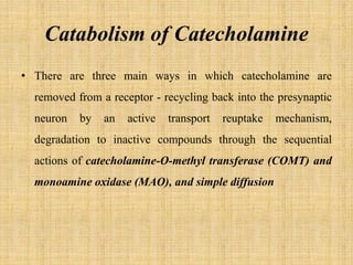 Catabolism of Catecholamine
• There are three main ways in which catecholamine are
removed from a receptor - recycling back into the presynaptic
neuron by an active transport reuptake mechanism,
degradation to inactive compounds through the sequential
actions of catecholamine-O-methyl transferase (COMT) and
monoamine oxidase (MAO), and simple diffusion
 