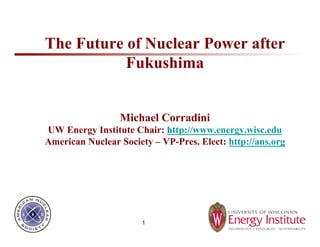 The Future of Nuclear Power after
Fukushima
Michael Corradini
UW Energy Institute Chair: http://www.energy.wisc.edu
American Nuclear Society – VP-Pres. Elect: http://ans.org
1
 