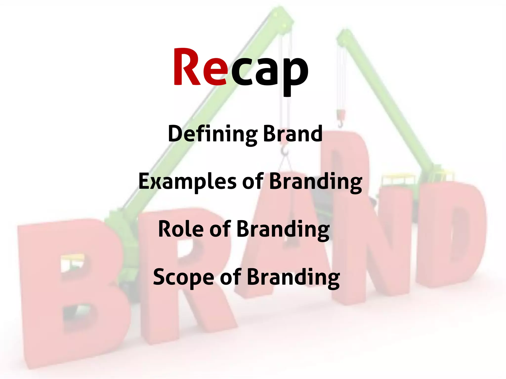 Recap
Scope of Branding
Defining Brand
Examples of Branding
Role of Branding