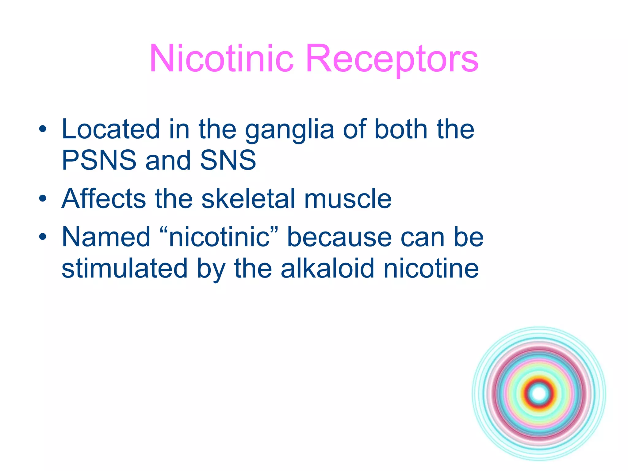 Nicotinic Receptors Located in the ganglia of both the  PSNS and SNS Affects the skeletal muscle Named “nicotinic” because can be stimulated by the alkaloid nicotine 