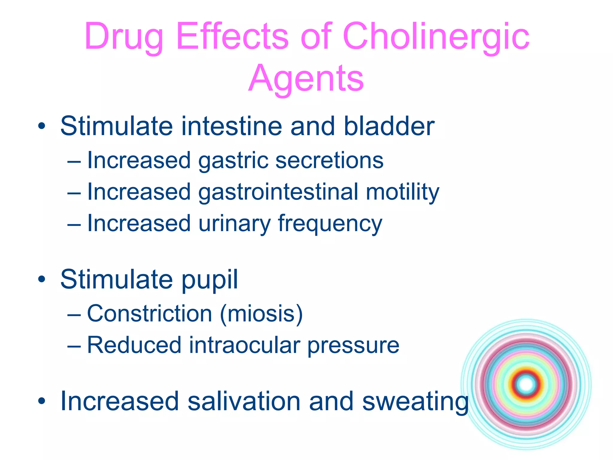 Drug Effects of Cholinergic Agents Stimulate intestine and bladder Increased gastric secretions Increased gastrointestinal motility Increased urinary frequency Stimulate pupil Constriction (miosis) Reduced intraocular pressure Increased salivation and sweating 