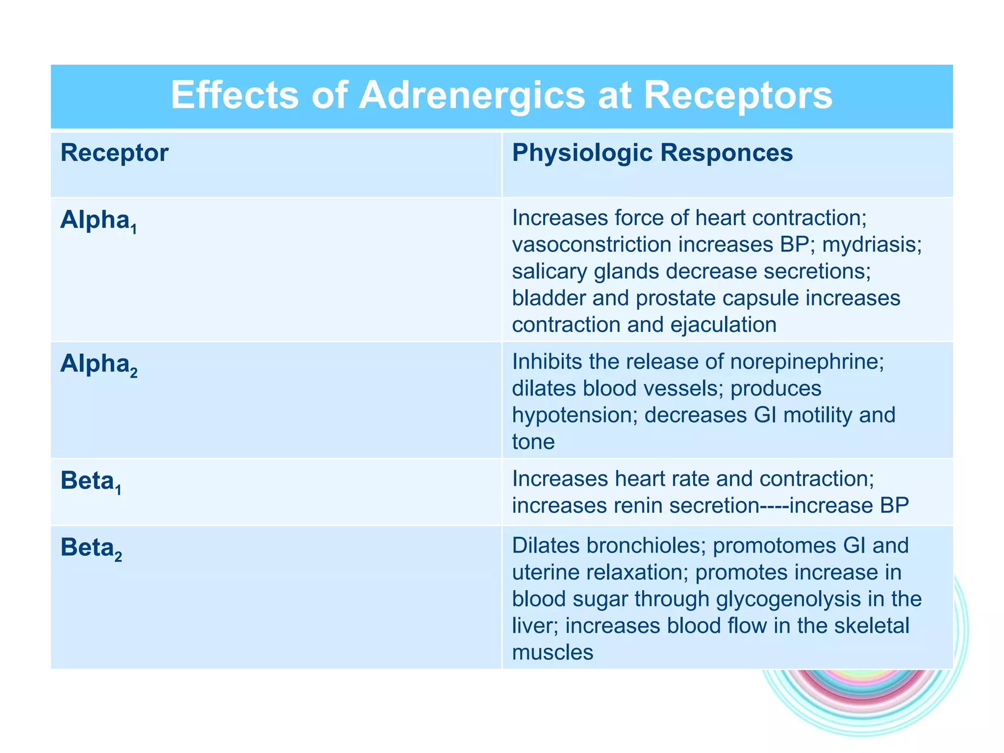 Effects of Adrenergics at Receptors Receptor Physiologic Responces Alpha 1 Increases force of heart contraction; vasoconstriction increases BP; mydriasis; salicary glands decrease secretions; bladder and prostate capsule increases contraction and ejaculation  Alpha 2 Inhibits the release of norepinephrine; dilates blood vessels; produces hypotension; decreases GI motility and tone  Beta 1 Increases heart rate and contraction; increases renin secretion----increase BP Beta 2 Dilates bronchioles; promotomes GI and uterine relaxation; promotes increase in blood sugar through glycogenolysis in the liver; increases blood flow in the skeletal muscles  