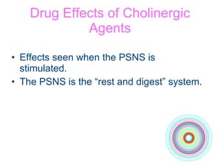 Drug Effects of Cholinergic Agents Effects seen when the PSNS is stimulated. The PSNS is the “rest and digest” system. 