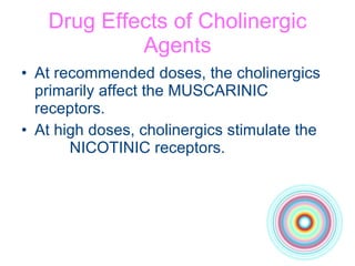 Drug Effects of Cholinergic Agents At recommended doses, the cholinergics primarily affect the MUSCARINIC receptors. At high doses, cholinergics stimulate the  NICOTINIC receptors. 