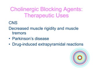 Cholinergic Blocking Agents: Therapeutic Uses CNS  Decreased muscle rigidity and muscle tremors Parkinson’s disease Drug-induced extrapyramidal reactions 