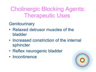 Cholinergic Blocking Agents: Therapeutic Uses  Genitourinary Relaxed detrusor muscles of the bladder Increased constriction of the internal sphincter Reflex neurogenic bladder Incontinence  
