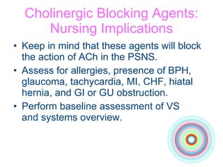 Cholinergic Blocking Agents: Nursing Implications Keep in mind that these agents will block the action of ACh in the PSNS. Assess for allergies, presence of BPH, glaucoma, tachycardia, MI, CHF, hiatal hernia, and GI or GU obstruction. Perform baseline assessment of VS  and systems overview. 