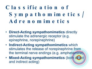 Classification of Sympathomimetics/Adrenomimetics Direct-Acting sympathomimetics  directly stimulate the adrenergic receptor (e.g. epinephrine, norepinephrine) Indirect-Acting sympathomimetics  which stimulates the release of norepinephrine from the terminal nerve endings (e.g. amphetamine) Mixed-Acting sympathomimetics  (both direct and indirect acting) 