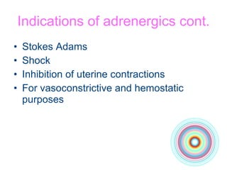 Indications of adrenergics cont. Stokes Adams Shock Inhibition of uterine contractions For vasoconstrictive and hemostatic purposes 