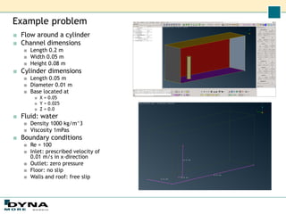 Example problem
■ Flow around a cylinder
■ Channel dimensions
■ Length 0.2 m
■ Width 0.05 m
■ Height 0.08 m
■ Cylinder dimensions
■ Length 0.05 m
■ Diameter 0.01 m
■ Base located at
■ X = 0.05
■ Y = 0.025
■ Z = 0.0
■ Fluid: water
■ Density 1000 kg/m^3
■ Viscosity 1mPas
■ Boundary conditions
■ Re = 100
■ Inlet: prescribed velocity of
0.01 m/s in x-direction
■ Outlet: zero pressure
■ Floor: no slip
■ Walls and roof: free slip
 