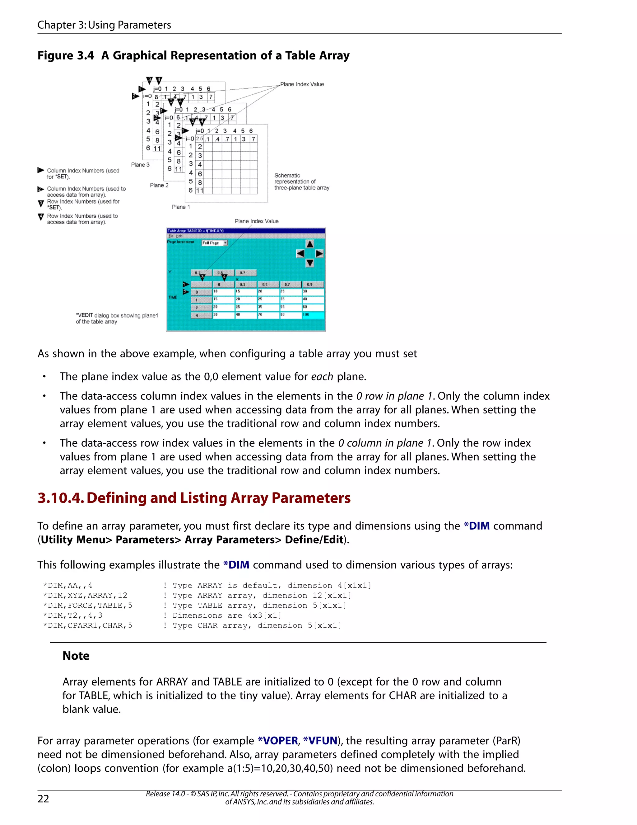 Figure 3.4 A Graphical Representation of a Table Array
As shown in the above example, when configuring a table array you must set
• The plane index value as the 0,0 element value for each plane.
• The data-access column index values in the elements in the 0 row in plane 1. Only the column index
values from plane 1 are used when accessing data from the array for all planes. When setting the
array element values, you use the traditional row and column index numbers.
• The data-access row index values in the elements in the 0 column in plane 1. Only the row index
values from plane 1 are used when accessing data from the array for all planes. When setting the
array element values, you use the traditional row and column index numbers.
3.10.4.Defining and Listing Array Parameters
To define an array parameter, you must first declare its type and dimensions using the *DIM command
(Utility Menu> Parameters> Array Parameters> Define/Edit).
This following examples illustrate the *DIM command used to dimension various types of arrays:
*DIM,AA,,4 ! Type ARRAY is default, dimension 4[x1x1]
*DIM,XYZ,ARRAY,12 ! Type ARRAY array, dimension 12[x1x1]
*DIM,FORCE,TABLE,5 ! Type TABLE array, dimension 5[x1x1]
*DIM,T2,,4,3 ! Dimensions are 4x3[x1]
*DIM,CPARR1,CHAR,5 ! Type CHAR array, dimension 5[x1x1]
Note
Array elements for ARRAY and TABLE are initialized to 0 (except for the 0 row and column
for TABLE, which is initialized to the tiny value). Array elements for CHAR are initialized to a
blank value.
For array parameter operations (for example *VOPER, *VFUN), the resulting array parameter (ParR)
need not be dimensioned beforehand. Also, array parameters defined completely with the implied
(colon) loops convention (for example a(1:5)=10,20,30,40,50) need not be dimensioned beforehand.
Release 14.0 - © SAS IP,Inc.All rights reserved.- Contains proprietary and confidential information
of ANSYS,Inc.and its subsidiaries and affiliates.22
Chapter 3:Using Parameters
 