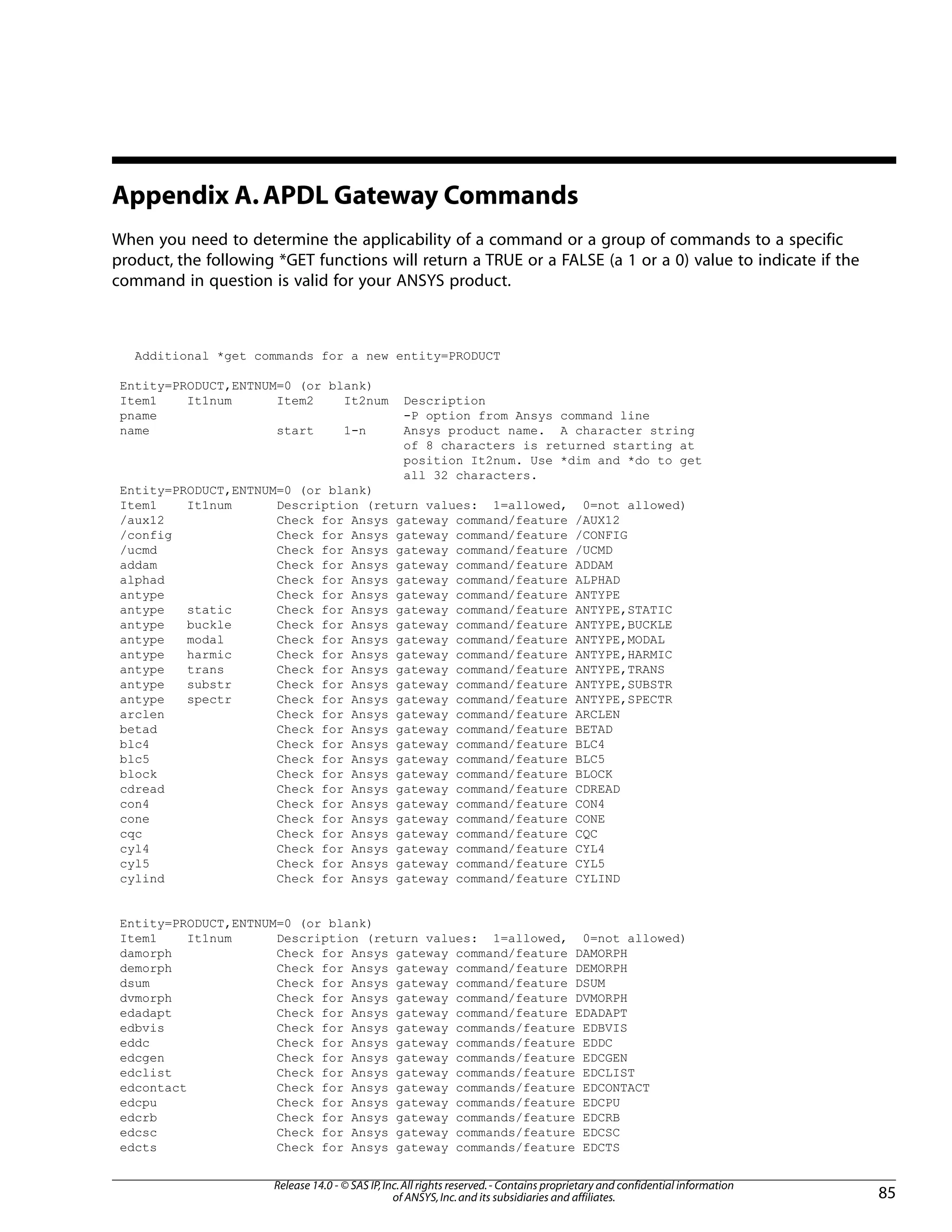 Appendix A.APDL Gateway Commands
When you need to determine the applicability of a command or a group of commands to a specific
product, the following *GET functions will return a TRUE or a FALSE (a 1 or a 0) value to indicate if the
command in question is valid for your ANSYS product.
Additional *get commands for a new entity=PRODUCT
Entity=PRODUCT,ENTNUM=0 (or blank)
Item1 It1num Item2 It2num Description
pname -P option from Ansys command line
name start 1-n Ansys product name. A character string
of 8 characters is returned starting at
position It2num. Use *dim and *do to get
all 32 characters.
Entity=PRODUCT,ENTNUM=0 (or blank)
Item1 It1num Description (return values: 1=allowed, 0=not allowed)
/aux12 Check for Ansys gateway command/feature /AUX12
/config Check for Ansys gateway command/feature /CONFIG
/ucmd Check for Ansys gateway command/feature /UCMD
addam Check for Ansys gateway command/feature ADDAM
alphad Check for Ansys gateway command/feature ALPHAD
antype Check for Ansys gateway command/feature ANTYPE
antype static Check for Ansys gateway command/feature ANTYPE,STATIC
antype buckle Check for Ansys gateway command/feature ANTYPE,BUCKLE
antype modal Check for Ansys gateway command/feature ANTYPE,MODAL
antype harmic Check for Ansys gateway command/feature ANTYPE,HARMIC
antype trans Check for Ansys gateway command/feature ANTYPE,TRANS
antype substr Check for Ansys gateway command/feature ANTYPE,SUBSTR
antype spectr Check for Ansys gateway command/feature ANTYPE,SPECTR
arclen Check for Ansys gateway command/feature ARCLEN
betad Check for Ansys gateway command/feature BETAD
blc4 Check for Ansys gateway command/feature BLC4
blc5 Check for Ansys gateway command/feature BLC5
block Check for Ansys gateway command/feature BLOCK
cdread Check for Ansys gateway command/feature CDREAD
con4 Check for Ansys gateway command/feature CON4
cone Check for Ansys gateway command/feature CONE
cqc Check for Ansys gateway command/feature CQC
cyl4 Check for Ansys gateway command/feature CYL4
cyl5 Check for Ansys gateway command/feature CYL5
cylind Check for Ansys gateway command/feature CYLIND
Entity=PRODUCT,ENTNUM=0 (or blank)
Item1 It1num Description (return values: 1=allowed, 0=not allowed)
damorph Check for Ansys gateway command/feature DAMORPH
demorph Check for Ansys gateway command/feature DEMORPH
dsum Check for Ansys gateway command/feature DSUM
dvmorph Check for Ansys gateway command/feature DVMORPH
edadapt Check for Ansys gateway command/feature EDADAPT
edbvis Check for Ansys gateway commands/feature EDBVIS
eddc Check for Ansys gateway commands/feature EDDC
edcgen Check for Ansys gateway commands/feature EDCGEN
edclist Check for Ansys gateway commands/feature EDCLIST
edcontact Check for Ansys gateway commands/feature EDCONTACT
edcpu Check for Ansys gateway commands/feature EDCPU
edcrb Check for Ansys gateway commands/feature EDCRB
edcsc Check for Ansys gateway commands/feature EDCSC
edcts Check for Ansys gateway commands/feature EDCTS
85
Release 14.0 - © SAS IP,Inc.All rights reserved.- Contains proprietary and confidential information
of ANSYS,Inc.and its subsidiaries and affiliates.
 