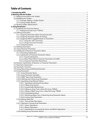 Table of Contents
1.Introducing APDL .................................................................................................................................... 1
2.Working with the Toolbar ........................................................................................................................ 3
2.1.Adding Commands to the Toolbar ..................................................................................................... 3
2.2.Modifying the Toolbar ....................................................................................................................... 3
2.2.1. Example: Adding a Toolbar Button ............................................................................................ 4
2.2.2.Saving Toolbar Buttons ............................................................................................................. 5
2.3. Nesting Toolbar Abbreviations .......................................................................................................... 5
3. Using Parameters .................................................................................................................................... 7
3.1. Guidelines for Parameter Names ....................................................................................................... 8
3.1.1.Hiding Parameters from *STATUS .............................................................................................. 8
3.2. Defining Parameters ......................................................................................................................... 9
3.2.1. Assigning Parameter Values During Execution .......................................................................... 9
3.2.2. Assigning Parameter Values At Startup ..................................................................................... 9
3.2.3.Assigning ANSYS-Supplied Values to Parameters ..................................................................... 10
3.2.3.1. Using the *GET Command ............................................................................................. 10
3.2.3.2. Using In-line Get Functions ............................................................................................ 11
3.2.4.Listing Parameters .................................................................................................................. 11
3.3. Deleting Parameters ....................................................................................................................... 12
3.4. Using Character Parameters ............................................................................................................ 12
3.5. Substitution of Numeric Parametric Values ...................................................................................... 13
3.5.1.Preventing Substitution .......................................................................................................... 13
3.5.2. Substitution of Character Parametric Values ............................................................................ 13
3.5.2.1. Forced Substitution ....................................................................................................... 13
3.5.2.2.Other Places Where Character Parameters Are Valid ........................................................ 14
3.5.2.3. Character Parameter Restrictions ................................................................................... 15
3.6. Dynamic Substitution of Numeric or Character Parameters .............................................................. 15
3.7. Parametric Expressions ................................................................................................................... 16
3.8. Parametric Functions ...................................................................................................................... 16
3.9.Saving, Resuming, and Writing Parameters ....................................................................................... 17
3.10.Array Parameters ........................................................................................................................... 18
3.10.1. Array Parameter Basics ......................................................................................................... 19
3.10.2. Array Parameter Examples .................................................................................................... 20
3.10.3.TABLE Type Array Parameters ................................................................................................ 21
3.10.4. Defining and Listing Array Parameters .................................................................................. 22
3.10.5. Specifying Array Element Values ........................................................................................... 23
3.10.5.1. Specifying Individual Array Values ................................................................................ 23
3.10.5.2. Filling Array Vectors ..................................................................................................... 25
3.10.5.3.Interactively Editing Arrays ........................................................................................... 25
3.10.5.4. Filling an Array From a Data File Using *VREAD ............................................................. 26
3.10.5.5. Filling a TABLE Array From a Data File Using *TREAD ..................................................... 26
3.10.5.6. Interpolating Values ..................................................................................................... 30
3.10.5.7. Retrieving Values into or Restoring Array Parameter Values ........................................... 31
3.10.5.8. Listing Array Parameters .............................................................................................. 32
3.10.6.Writing Data Files ................................................................................................................. 33
3.10.6.1. Format Data Descriptors .............................................................................................. 33
3.10.7. Operations Among Array Parameters .................................................................................... 35
3.10.7.1.Vector Operations ........................................................................................................ 35
3.10.7.2. Matrix Operations ........................................................................................................ 37
3.10.7.3.Specification Commands for Vector and Matrix Operations ........................................... 39
3.10.8. Plotting Array Parameter Vectors .......................................................................................... 42
iii
Release 14.0 - © SAS IP,Inc.All rights reserved.- Contains proprietary and confidential information
of ANSYS,Inc.and its subsidiaries and affiliates.
 