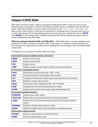 Chapter 4: APDL Math
APDL Math extends the APDL scripting environment of Mechanical APDL to give you access to the
powerful matrix manipulation routines in the Mechanical APDL product, including its fast and efficient
solvers. APDL Math provides access to matrices and vectors on the .FULL, .EMAT, .MODE and .SUB
files, as well as other sources, so that you can read them in, manipulate them, and write them back out
or solve them directly. This functionality augments the vector and matrix operations (such as *VOPER
and *MOPER), in the standard APDL scripting environment. Both dense matrices and sparse matrices
can be manipulated using APDL Math.
Differences Between Standard APDL and APDL Math APDL Math works in its own workspace inde-
pendent of the APDL environment. However, APDL arrays (vectors or matrices) may be imported into
this workspace for manipulation, and also may be exported from this workspace into the standard APDL
environment.
The following is a summary of the APDL Math commands:
Commands to create and delete matrices and vectors
Creates a dense matrix.*DMAT
Creates a sparse matrix.*SMAT
Creates a vector.*VEC
Deletes a matrix or a solver object and frees its memory allocation.*FREE
Commands to manipulate matrices
Performs the matrix operation M2= v*M1 + w*M2.*AXPY
Computes the dot (or inner) product of two vectors.*DOT
Computes the fast Fourier transformation of the specified matrix or vector.*FFT
Initializes a vector or dense matrix.*INIT
Performs the matrix multiplication M3 = M1(T1)*M2(T2).*MULT
Computes the norm of the specified vector or matrix.*NRM
Compresses the columns of a matrix using a specified algorithm.*COMP
Commands to perform solutions
Creates a linear solver engine.*LSENGINE
Performs the numerical factorization of a linear solver system.*LSFACTOR
Performs the solve (forward/backward substitution) of a factorized linear
system.
*LSBAC
Performs a solution using an iterative solver.*ITENGINE
Performs a modal solution with unsymmetric or damping matrices.*EIGEN
Commands to output matrices
Exports a matrix to a file in the specified format.*EXPORT
Prints the matrix values to a file.*PRINT
47
Release 14.0 - © SAS IP,Inc.All rights reserved.- Contains proprietary and confidential information
of ANSYS,Inc.and its subsidiaries and affiliates.
 