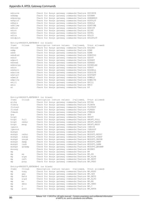 edcurve Check for Ansys gateway commands/feature EDCURVE
eddamp Check for Ansys gateway commands/feature EDDAMP
edenergy Check for Ansys gateway commands/feature EDENERGY
edfplot Check for Ansys gateway commands/feature EDFPLOT
edhgls Check for Ansys gateway commands/feature EDHGLS
edhtime Check for Ansys gateway commands/feature EDHTIME
edhist Check for Ansys gateway commands/feature EDHIST
edint Check for Ansys gateway commands/feature EDINT
edvel Check for Ansys gateway commands/feature EDVEL
edlcs Check for Ansys gateway commands/feature EDLCS
edldplot Check for Ansys gateway commands/feature EDLDPLOT
Entity=PRODUCT,ENTNUM=0 (or blank)
Item1 It1num Description (return values: 1=allowed, 0=not allowed)
edload Check for Ansys gateway commands/feature EDLOAD
edmp Check for Ansys gateway commands/feature EDMP
ednb Check for Ansys gateway commands/feature EDNB
edndtsd Check for Ansys gateway commands/feature EDNDTSD
edout Check for Ansys gateway commands/feature EDOUT
edpart Check for Ansys gateway commands/feature EDPART
edread Check for Ansys gateway commands/feature EDREAD
eddrelax Check for Ansys gateway commands/feature EDDRELAX
edrst Check for Ansys gateway commands/feature EDRST
edshell Check for Ansys gateway commands/feature EDSHELL
edsolve Check for Ansys gateway commands/feature EDSOLVE
edstart Check for Ansys gateway commands/feature EDSTART
edweld Check for Ansys gateway commands/feature EDWELD
edwrite Check for Ansys gateway commands/feature EDWRITE
ekill Check for Ansys gateway commands/feature EKILL
emis Check for Ansys gateway commands/feature EMIS
et Check for Ansys gateway commands/feature ET
Entity=PRODUCT,ENTNUM=0 (or blank)
Item1 It1num Description (return values: 1=allowed, 0=not allowed)
etchg Check for Ansys gateway commands/feature ETCHG
fldata Check for Ansys gateway commands/feature FLDATA
flotest Check for Ansys gateway commands/feature FLOTEST
flread Check for Ansys gateway commands/feature FLREAD
fvmesh Check for Ansys gateway commands/feature FVMESH
grp Check for Ansys gateway commands/feature GRP
hropt Check for Ansys gateway commands/feature HROPT
hropt full Check for Ansys gateway commands/feature HROPT,FULL
hropt reduc Check for Ansys gateway commands/feature HROPT,REDUC
hropt msup Check for Ansys gateway commands/feature HROPT,MSUP
igesin Check for Ansys gateway commands/feature IGESIN
igesout Check for Ansys gateway commands/feature IGESOUT
modopt Check for Ansys gateway commands/feature MODOPT
modopt reduc Check for Ansys gateway commands/feature MODOPT,REDUC
modopt subsp Check for Ansys gateway commands/feature MODOPT,SUBSP
modopt unsym Check for Ansys gateway commands/feature MODOPT,UNSYM
modopt damp Check for Ansys gateway commands/feature MODOPT,DAMP
modopt lanb Check for Ansys gateway commands/feature MODOPT,LANB
modopt qrdamp Check for Ansys gateway commands/feature MODOPT,QRDAMP
mooney Check for Ansys gateway commands/feature MOONEY
mp Check for Ansys gateway commands/feature MP
mp ex Check for Ansys gateway commands/feature MP,EX
mp alpx Check for Ansys gateway commands/feature MP,ALPX
mp reft Check for Ansys gateway commands/feature MP,REFT
mp prxy Check for Ansys gateway commands/feature MP,PRXY
Entity=PRODUCT,ENTNUM=0 (or blank)
Item1 It1num Description (return values: 1=allowed, 0=not allowed)
mp nuxy Check for Ansys gateway commands/feature MP,NUXY
mp gxy Check for Ansys gateway commands/feature MP,GXY
mp betd Check for Ansys gateway commands/feature MP,BETD
mp alpd Check for Ansys gateway commands/feature MP,ALPD
mp mu Check for Ansys gateway commands/feature MP,MU
mp dens Check for Ansys gateway commands/feature MP,DENS
mp c Check for Ansys gateway commands/feature MP,C
mp enth Check for Ansys gateway commands/feature MP,ENTH
Release 14.0 - © SAS IP,Inc.All rights reserved.- Contains proprietary and confidential information
of ANSYS,Inc.and its subsidiaries and affiliates.86
Appendix A.APDL Gateway Commands
 