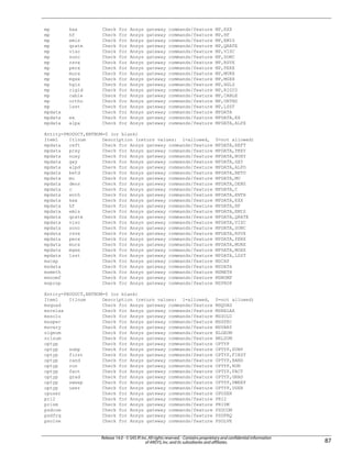 mp kxx Check for Ansys gateway commands/feature MP,KXX
mp hf Check for Ansys gateway commands/feature MP,HF
mp emis Check for Ansys gateway commands/feature MP,EMIS
mp qrate Check for Ansys gateway commands/feature MP,QRATE
mp visc Check for Ansys gateway commands/feature MP,VISC
mp sonc Check for Ansys gateway commands/feature MP,SONC
mp rsvx Check for Ansys gateway commands/feature MP,RSVX
mp perx Check for Ansys gateway commands/feature MP,PERX
mp murx Check for Ansys gateway commands/feature MP,MURX
mp mgxx Check for Ansys gateway commands/feature MP,MGXX
mp hgls Check for Ansys gateway commands/feature MP,HGLS
mp rigid Check for Ansys gateway commands/feature MP,RIGID
mp cable Check for Ansys gateway commands/feature MP,CABLE
mp ortho Check for Ansys gateway commands/feature MP,ORTHO
mp lsst Check for Ansys gateway commands/feature MP,LSST
mpdata Check for Ansys gateway commands/feature MPDATA
mpdata ex Check for Ansys gateway commands/feature MPDATA,EX
mpdata alpx Check for Ansys gateway commands/feature MPDATA,ALPX
Entity=PRODUCT,ENTNUM=0 (or blank)
Item1 It1num Description (return values: 1=allowed, 0=not allowed)
mpdata reft Check for Ansys gateway commands/feature MPDATA,REFT
mpdata prxy Check for Ansys gateway commands/feature MPDATA,PRXY
mpdata nuxy Check for Ansys gateway commands/feature MPDATA,NUXY
mpdata gxy Check for Ansys gateway commands/feature MPDATA,GXY
mpdata alpd Check for Ansys gateway commands/feature MPDATA,ALPD
mpdata betd Check for Ansys gateway commands/feature MPDATA,BETD
mpdata mu Check for Ansys gateway commands/feature MPDATA,MU
mpdata dens Check for Ansys gateway commands/feature MPDATA,DENS
mpdata c Check for Ansys gateway commands/feature MPDATA,C
mpdata enth Check for Ansys gateway commands/feature MPDATA,ENTH
mpdata kxx Check for Ansys gateway commands/feature MPDATA,KXX
mpdata hf Check for Ansys gateway commands/feature MPDATA,HF
mpdata emis Check for Ansys gateway commands/feature MPDATA,EMIS
mpdata qrate Check for Ansys gateway commands/feature MPDATA,QRATE
mpdata visc Check for Ansys gateway commands/feature MPDATA,VISC
mpdata sonc Check for Ansys gateway commands/feature MPDATA,SONC
mpdata rsvx Check for Ansys gateway commands/feature MPDATA,RSVX
mpdata perx Check for Ansys gateway commands/feature MPDATA,PERX
mpdata murx Check for Ansys gateway commands/feature MPDATA,MURX
mpdata mgxx Check for Ansys gateway commands/feature MPDATA,MGXX
mpdata lsst Check for Ansys gateway commands/feature MPDATA,LSST
mscap Check for Ansys gateway commands/feature MSCAP
msdata Check for Ansys gateway commands/feature MSDATA
msmeth Check for Ansys gateway commands/feature MSMETH
msnomf Check for Ansys gateway commands/feature MSNOMF
msprop Check for Ansys gateway commands/feature MSPROP
Entity=PRODUCT,ENTNUM=0 (or blank)
Item1 It1num Description (return values: 1=allowed, 0=not allowed)
msquad Check for Ansys gateway commands/feature MSQUAD
msrelax Check for Ansys gateway commands/feature MSRELAX
mssolu Check for Ansys gateway commands/feature MSSOLU
msspec Check for Ansys gateway commands/feature MSSPEC
msvary Check for Ansys gateway commands/feature MSVARY
nlgeom Check for Ansys gateway commands/feature NLGEOM
nrlsum Check for Ansys gateway commands/feature NRLSUM
optyp Check for Ansys gateway commands/feature OPTYP
optyp subp Check for Ansys gateway commands/feature OPTYP,SUBP
optyp first Check for Ansys gateway commands/feature OPTYP,FIRST
optyp rand Check for Ansys gateway commands/feature OPTYP,RAND
optyp run Check for Ansys gateway commands/feature OPTYP,RUN
optyp fact Check for Ansys gateway commands/feature OPTYP,FACT
optyp grad Check for Ansys gateway commands/feature OPTYP,GRAD
optyp sweep Check for Ansys gateway commands/feature OPTYP,SWEEP
optyp user Check for Ansys gateway commands/feature OPTYP,USER
opuser Check for Ansys gateway commands/feature OPUSER
pri2 Check for Ansys gateway commands/feature PRI2
prism Check for Ansys gateway commands/feature PRISM
psdcom Check for Ansys gateway commands/feature PSDCOM
psdfrq Check for Ansys gateway commands/feature PSDFRQ
psolve Check for Ansys gateway commands/feature PSOLVE
87
Release 14.0 - © SAS IP,Inc.All rights reserved.- Contains proprietary and confidential information
of ANSYS,Inc.and its subsidiaries and affiliates.
 