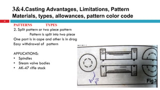 3&4.Casting Advantages, Limitations, Pattern
Materials, types, allowances, pattern color code
22
PATTERNS TYPES
2. Split pattern or two piece pattern
Pattern is split into two piece
One part is in cope and other is in drag
Easy withdrawal of pattern
APPLICATIONS:
• Spindles
• Steam valve bodies
• AK-47 rifle stock
 