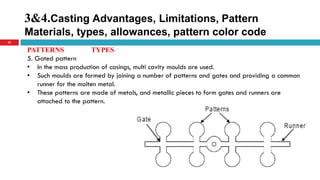 3&4.Casting Advantages, Limitations, Pattern
Materials, types, allowances, pattern color code
25
PATTERNS TYPES
5. Gated pattern
• In the mass production of casings, multi cavity moulds are used.
• Such moulds are formed by joining a number of patterns and gates and providing a common
runner for the molten metal.
• These patterns are made of metals, and metallic pieces to form gates and runners are
attached to the pattern.
 