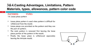 3&4.Casting Advantages, Limitations, Pattern
Materials, types, allowances, pattern color code
32
PATTERNS TYPES
14. Loose piece pattern
• Loose piece pattern is used when pattern is difficult for
withdrawal from the mould.
• Loose pieces are provided on the pattern and they are
the part of pattern.
• The main pattern is removed first leaving the loose
piece portion of the pattern in the mould.
• Finally the loose piece is withdrawal separately
leaving the intricate mould.
 
