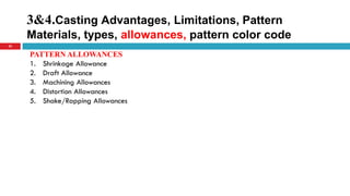 3&4.Casting Advantages, Limitations, Pattern
Materials, types, allowances, pattern color code
33
PATTERN ALLOWANCES
1. Shrinkage Allowance
2. Draft Allowance
3. Machining Allowances
4. Distortion Allowances
5. Shake/Rapping Allowances
 