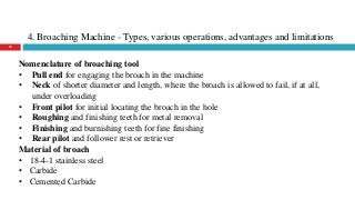 4. Broaching Machine - Types, various operations, advantages and limitations
38
Nomenclature of broaching tool
• Pull end for engaging the broach in the machine
• Neck of shorter diameter and length, where the broach is allowed to fail, if at all,
under overloading
• Front pilot for initial locating the broach in the hole
• Roughing and finishing teeth for metal removal
• Finishing and burnishing teeth for fine finishing
• Rear pilot and follower rest or retriever
Material of broach
• 18-4-1 stainless steel
• Carbide
• Cemented Carbide
 