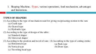 1. Shaping Machine, -Types, various operations, feed mechanism, advantages
and limitations.
6
TYPES OF SHAPERS
(1) According to the type of mechanism used for giving reciprocating motion to the ram
(a) Crank type
(b) Geared type
(c) Hydraulic type
(2) According to the type of design of the table:
(a) Standard shaper
(b) Universal shaper
(3) According to the position and travel of ram:
(a) Horizontal type
(b) Vertical type
(c) Travelling head type
(4) According to the type of cutting stroke:
(a) Push type
(b) Draw type.
 