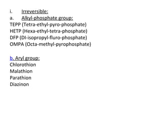 i. Irreversible:
a. Alkyl-phosphate group:
TEPP (Tetra-ethyl-pyro-phosphate)
HETP (Hexa-ethyl-tetra-phosphate)
DFP (DI-isopropyl-fluro-phosphate)
OMPA (Octa-methyl-pyrophosphate)
b. Aryl group:
Chlorothion
Malathion
Parathion
Diazinon
 