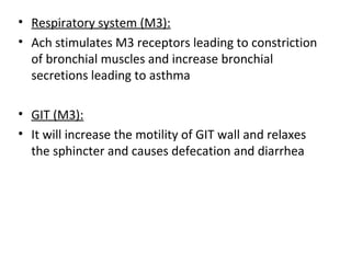 • Respiratory system (M3):
• Ach stimulates M3 receptors leading to constriction
of bronchial muscles and increase bronchial
secretions leading to asthma
• GIT (M3):
• It will increase the motility of GIT wall and relaxes
the sphincter and causes defecation and diarrhea
 