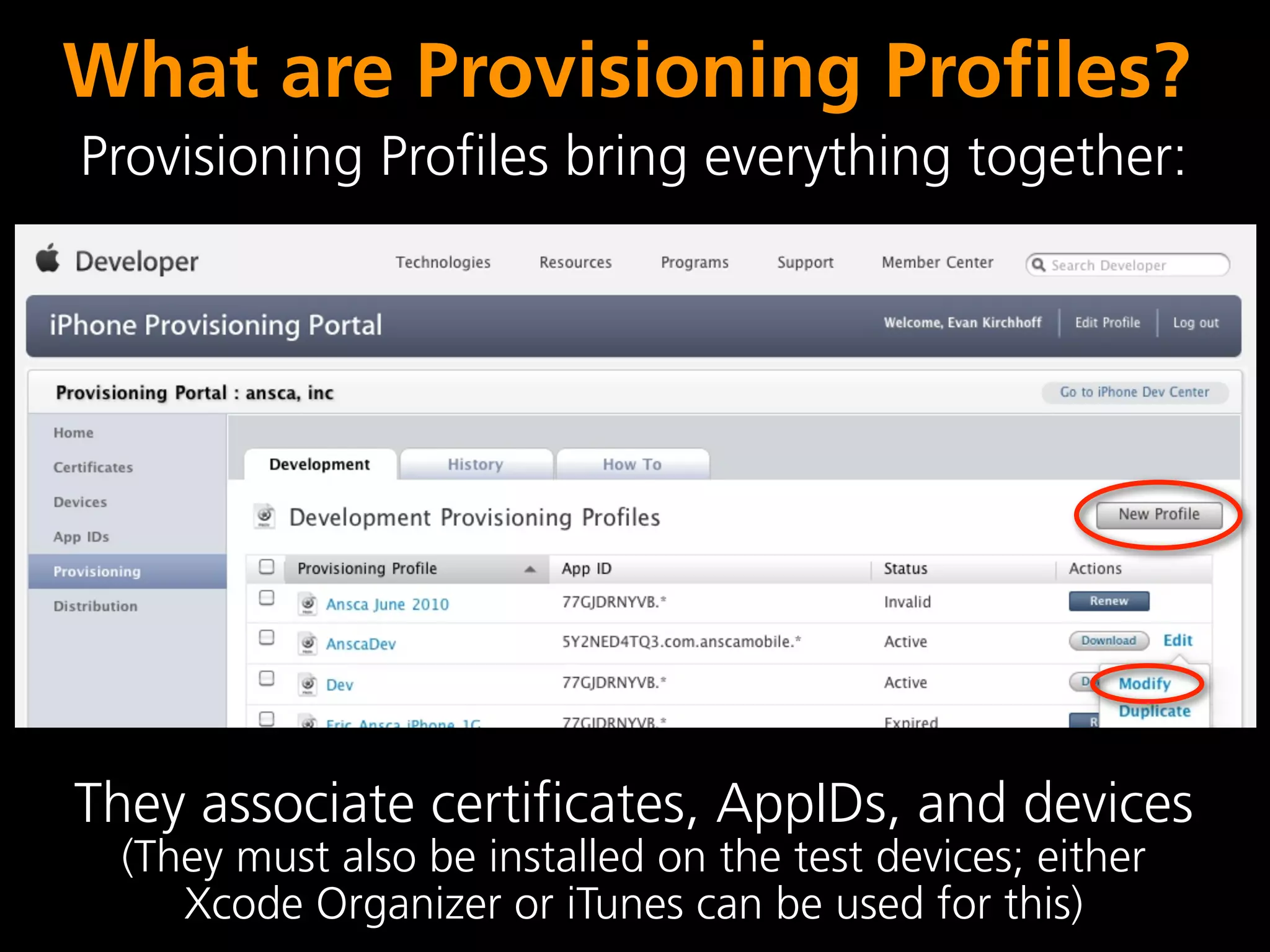 What are Provisioning Profiles?
Provisioning Profiles bring everything together:




They associate certificates, AppIDs, and devices
  (They must also be installed on the test devices; either
     Xcode Organizer or iTunes can be used for this)
 