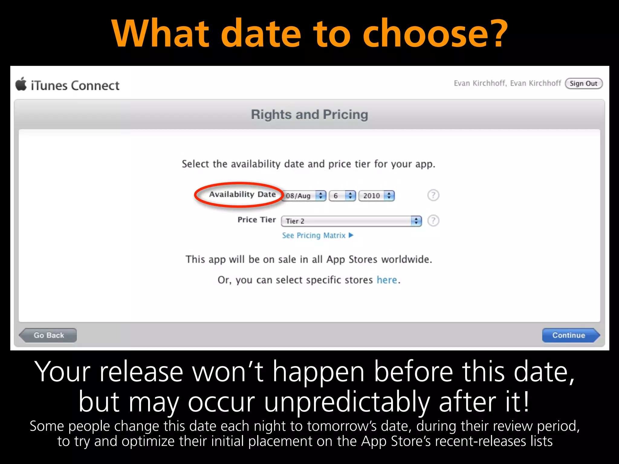 What date to choose?




Your release won’t happen before this date,
   but may occur unpredictably after it!
Some people change this date each night to tomorrow’s date, during their review period,
   to try and optimize their initial placement on the App Store’s recent-releases lists
 