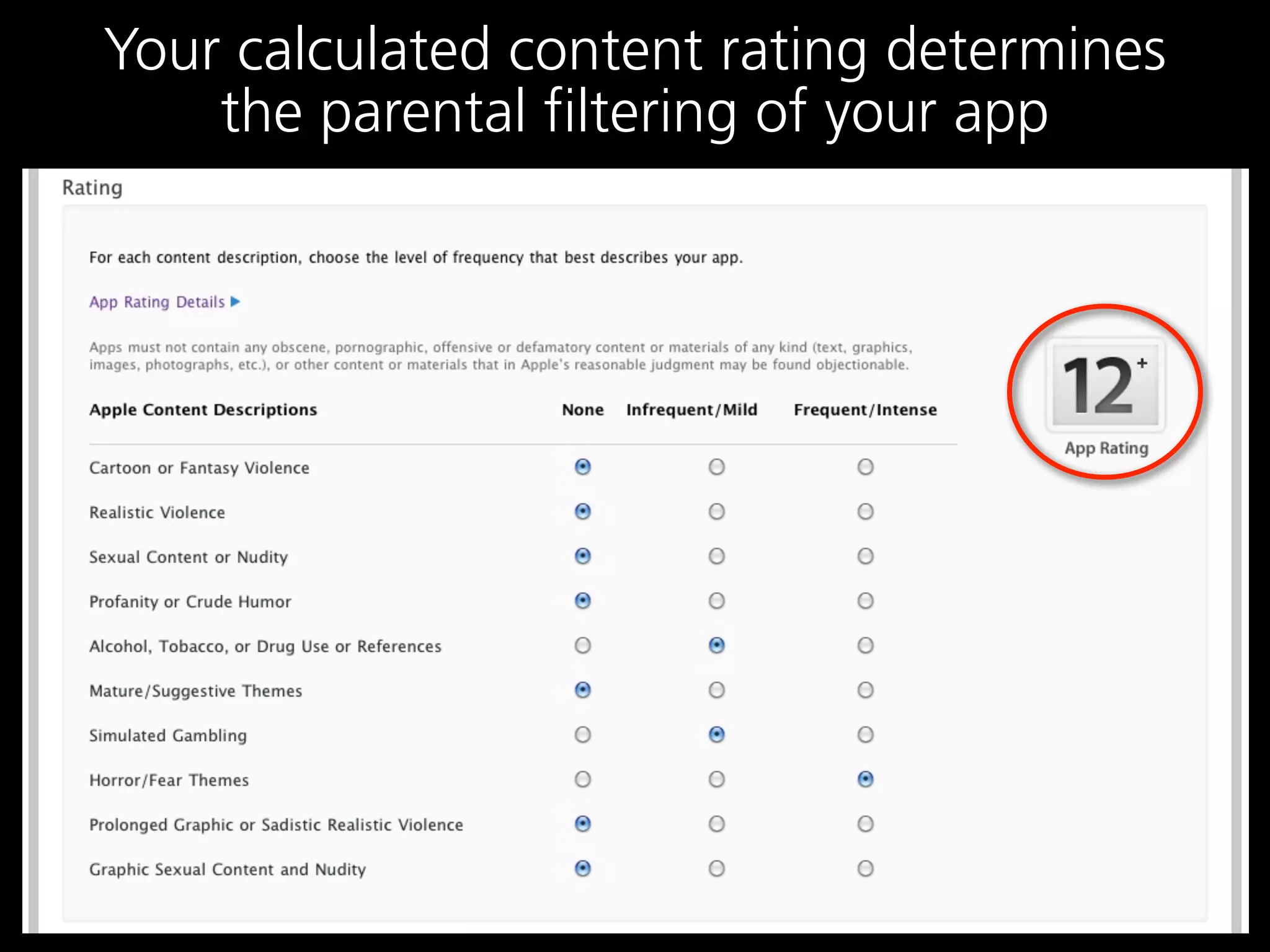 Your calculated content rating determines
    the parental filtering of your app
 