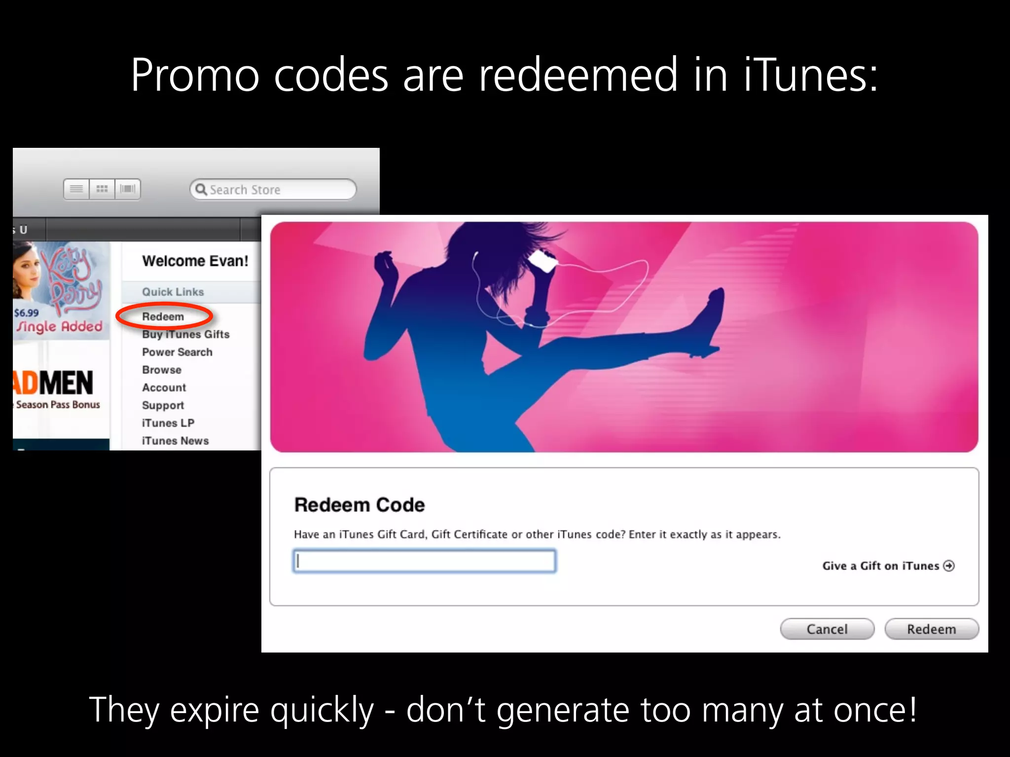 Promo codes are redeemed in iTunes:




They expire quickly - don’t generate too many at once!
 