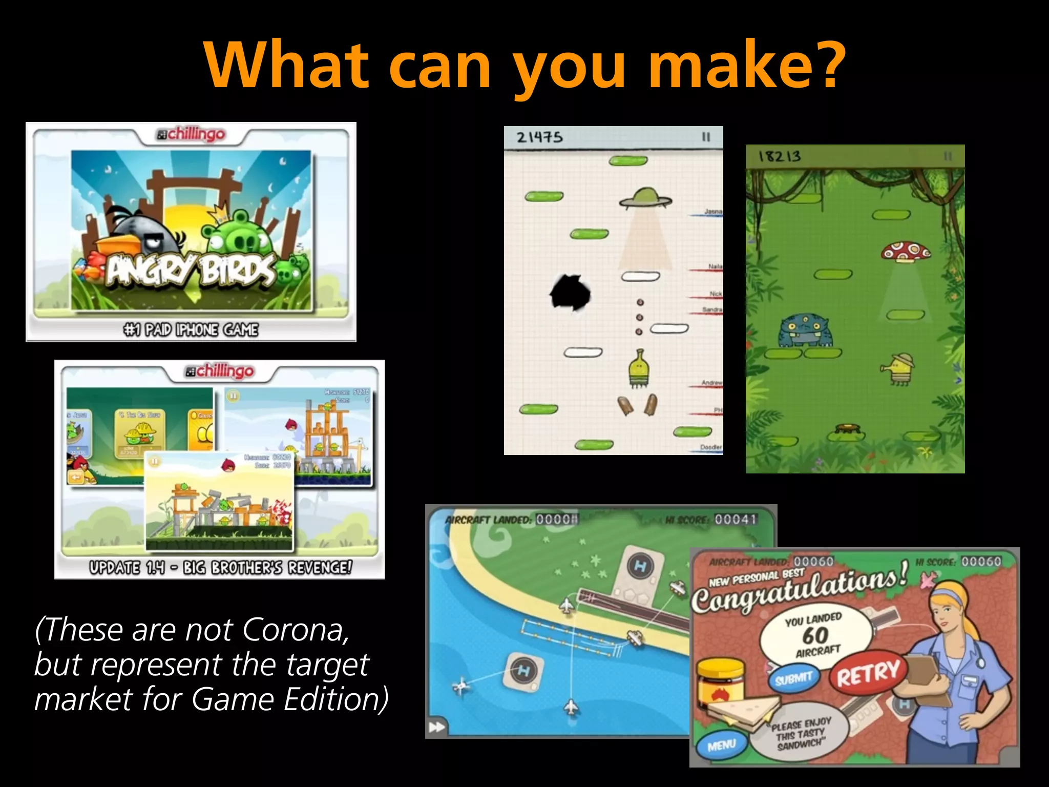 What can you make?




(These are not Corona,
but represent the target
market for Game Edition)
 
