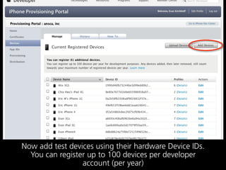 Now add test devices using their hardware Device IDs.
  You can register up to 100 devices per developer
                 account (per year)
 