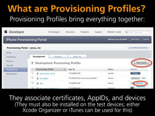 What are Provisioning Profiles?
Provisioning Profiles bring everything together:




They associate certificates, AppIDs, and devices
  (They must also be installed on the test devices; either
     Xcode Organizer or iTunes can be used for this)
 