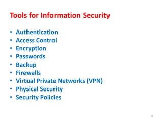 Tools for Information Security
• Authentication
• Access Control
• Encryption
• Passwords
• Backup
• Firewalls
• Virtual Private Networks (VPN)
• Physical Security
• Security Policies
32
 