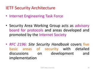 IETF Security Architecture
• Internet Engineering Task Force
• Security Area Working Group acts as advisory
board for protocols and areas developed and
promoted by the Internet Society
• RFC 2196: Site Security Handbook covers five
basic areas of security with detailed
discussions on development and
implementation
29
COET, Dilla University
 
