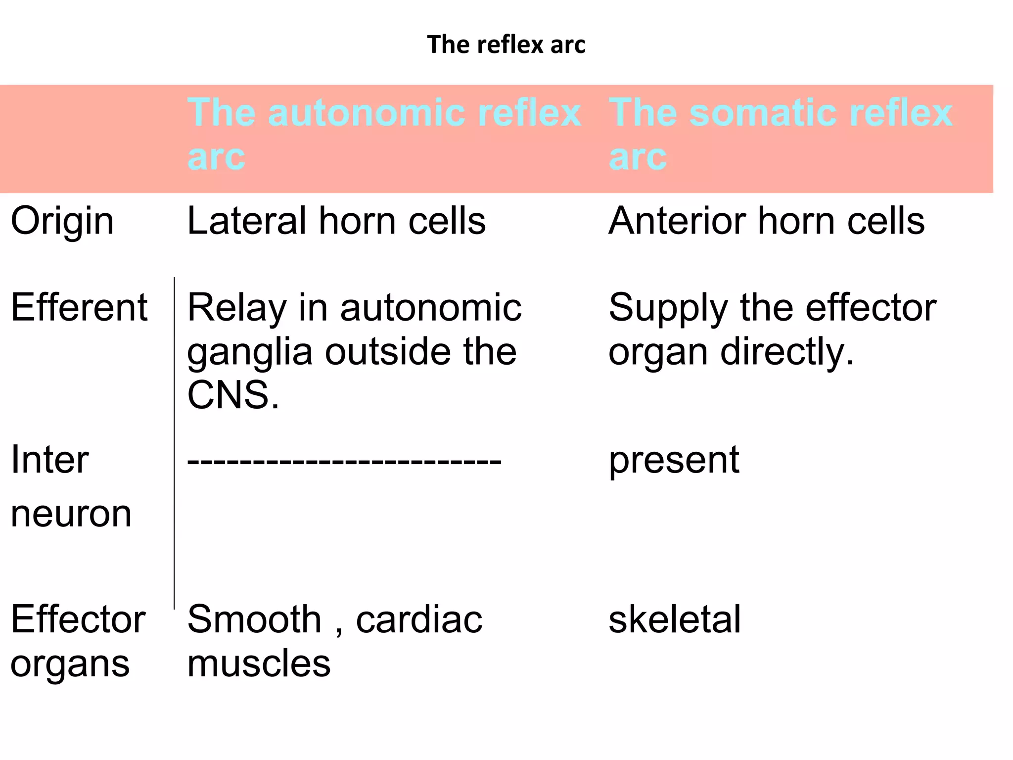 The reflex arc
The autonomic reflex
arc
The somatic reflex
arc
Origin Lateral horn cells Anterior horn cells
Efferent Relay in autonomic
ganglia outside the
CNS.
Supply the effector
organ directly.
Inter
neuron
------------------------ present
Effector
organs
Smooth , cardiac
muscles
skeletal
 