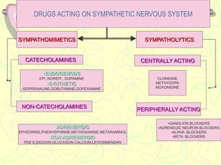 SYMPATHOMIMETICS SYMPATHOLYTICS
CATECHOLAMINES
NON-CATECHOLAMINES
CENTRALLY ACTING
PERIPHERALLY ACTING
CLONIDINE
METHYDOPA
MOXONIDINE
•ENDOGENOUS
EPI ,NOREPI , DOPAMINE
•SYNTHETIC
ISOPRENALINE,DOBUTAMINE,DOPEXAMINE
ADRENERGIC
EPHEDRINE,PHENYEPHRINE,METHOXAMINE,METARAMINOL
NON ADRENERGIC
PDE’S,DIGOXIN,GLUCAGON,CALCIUM,LEVOSIMENDAN
DRUGS ACTING ON SYMPATHETIC NERVOUS SYSTEM
•GANGLION BLOCKERS
•ADRENEGIC NEURON BLOCKERS
•ALPHA BLOCKERS
•BETA BLOCKERS
 