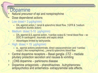 Dopamine
• Natural precursor of epi and norepinephrine
• Dose dependenet actions
• Low dose(< 3 µg/kg/min)
– DA1 agonist action,↑ renal & splanchnic blood flow, ↑GFR & ↑sodium
excretion( diuretic action)
• Medium dose( 5-10 µg/kg/min)
– DA1 agonist & β1 agonist action, ↑cardiac output & ↑renal blood flow – so
DOC in cardiogenic ,traumatic and septic shock
– Advantages limited by tachycardia.
• High dose( > 15 µg/kg/min)
– α1 agonist actions predominate, direct vasosconstricion and ↑cardiac
output ( like norepinephrine), ↓renal & splanchnic blood flow
• Central dopamine receptors – Basal ganglia ,CTZ – mediate
pituitary prolaction secretion and nausea & vomiting
• ↓CNS dopamine – parkinsons disease
• Dopamine antagonists – phenothiazines , butryphenones-
antipsychotics and antiemetics- extrapyramidal side effects.
 