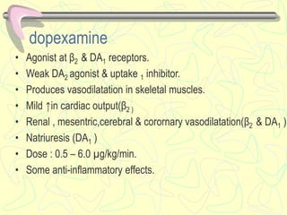 dopexamine
• Agonist at β2 & DA1 receptors.
• Weak DA2 agonist & uptake 1 inhibitor.
• Produces vasodilatation in skeletal muscles.
• Mild ↑in cardiac output(β2 )
• Renal , mesentric,cerebral & corornary vasodilatation(β2 & DA1 )
• Natriuresis (DA1 )
• Dose : 0.5 – 6.0 µg/kg/min.
• Some anti-inflammatory effects.
 