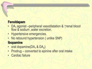 Fenoldapam
• DA1 agonist –peripheral vasodilatation & ↑renal blood
flow & sodium ,water excretion.
• Hypertensive emergencies.
• No rebound hypertension ( unlike SNP)
Ibopamine
• oral dopamine(DA1 & DA2)
• Prodrug – converted to epinine after oral intake
• Cardiac failure
 